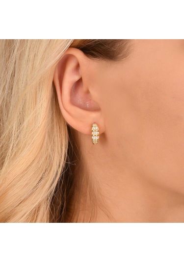 Zirkon Taşlı Pırlanta Montür Altın Kaplama Boğumlu Gümüş Küpe