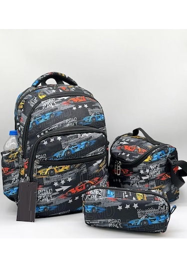 3lü Set Okul Çantası Lüx Erkek Okul Çantası Siyah Araba Gri