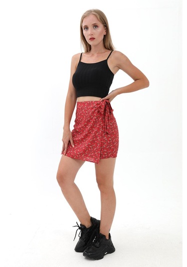 Çiçek Desenli Yandan Bağlamalı Etek - Kırmızı-kırmızı Kırmızı