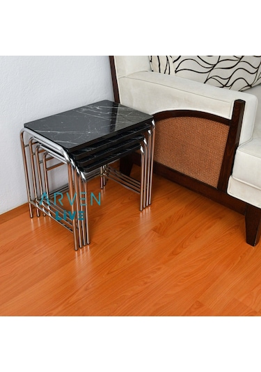 Renk Renk Mermer Desenli Parlak Mikelaj Ayaklı 4'Lü Zigon Sehpa (467864166)