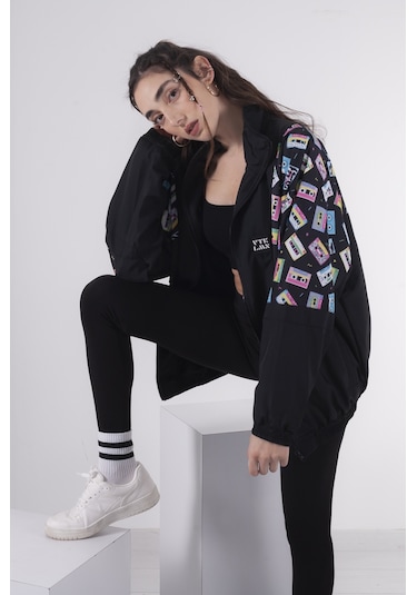 Erkek Kadın Siyah Beyaz Kaset Desenli Bomber Siyah