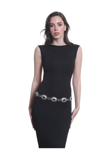 Labalaba Kadın Antik Gümüş Kaplama Siyah Boncuklu Bohem Bel Kemeri, Bel Kolyesi Gümüş