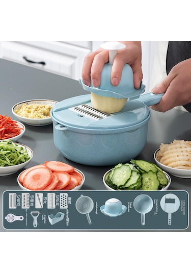 Hombey Mutfak Çok Amaçlı Sebze Dilimleyici, Patatesi Ipi Kesici, Dilimleyici Ve Şekillendirici - Lüks 12 Parça Mavi Set Mavi