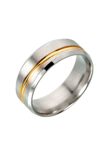 Chavin Gri Sarı Çizgili Bayan Erkek Çelik Yüzük Alyans Ec45Bysr