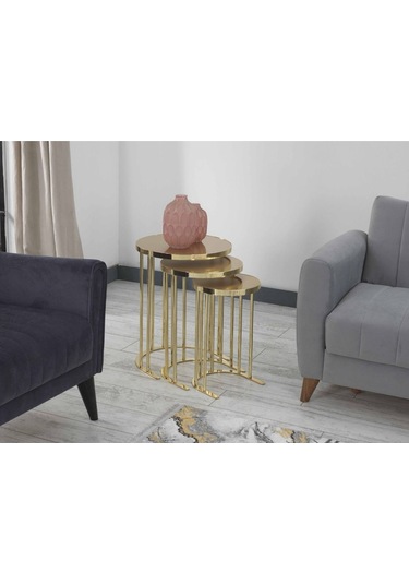 Premium Zigon Sehpa & Yan Sehpa 3'lü Yuvarlak Sehpa Hıgh Gloos Mdf Altın Yuvarlak