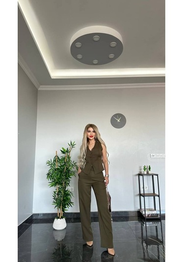 Kadın Yelek Pantolon Takım Kadın Şık Yelekli Takım - Dar Kalıptır Haki Yeşili Haki