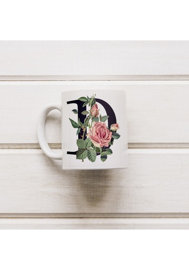 D Baş Harf Kırmızı Güller İle Sarılı Bardak 330 Ml Kişiye Özel Çiçekli Hediye Beyaz