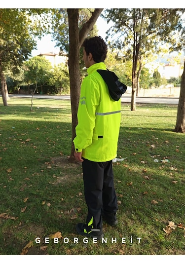 Geborgenheit Moto Gb Neon Motosiklet Yağmurluğu Cepli Astarlı Kapşonlu Su Geçirmez Alt Üst Takım Kadın Erkek