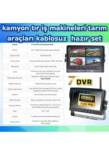 1 Adet Kablosuz Kamera Ahd 1080p 7 İnç Dvr Monitör Bsd Kör Nokta Sistemli 12 24 V