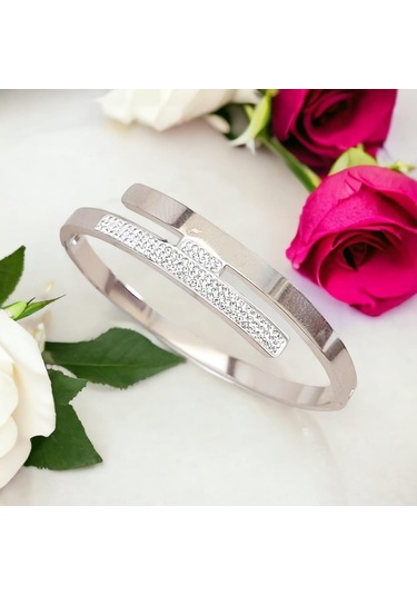 Şık Zirkon Taşlı Çelik Kelepçe Bileklik - Kararmaz Gümüş Kaplama Gümüş