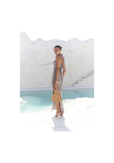 Mai Collection Abrossa Boyundan Bağcıklı Asimetrik Füme Keten Elbise Füme