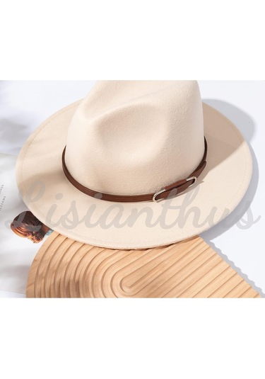 Kadınların Genişliği, Fedora Retro Panama Şapkası Kemer Tokası İle U Şeklinde Toka Kremsi Ortam Bej
