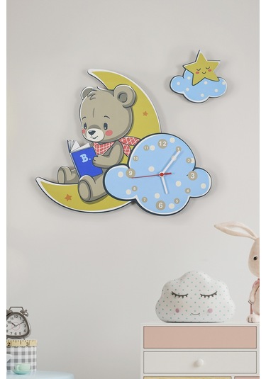 Sevimli Ay Ve Ayıcık Çocuk Odası Ahşap Duvar Saati Ahşap