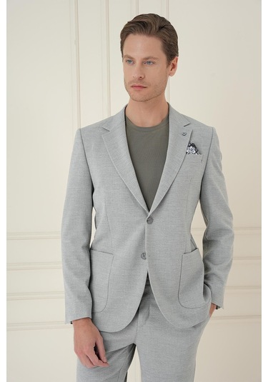 Comfort Fit Mono Yaka Çift Yırtmaç Torba Cep Casual Gri Ceket C 698 Gri