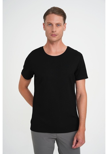 Comfort Fit Bisiklet Yaka Esnek Pamuk Düz Siyah Tişört Ts 915 Siyah