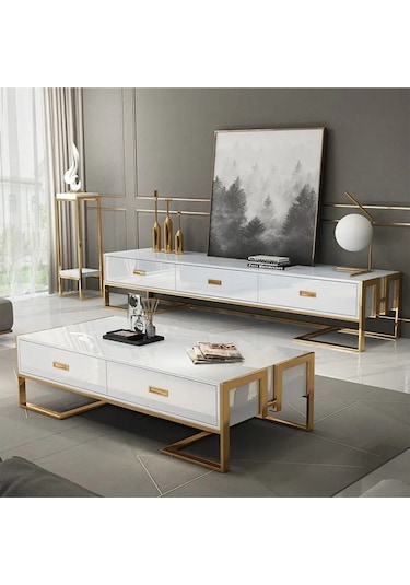 Barbara Gold Metal Beyaz Orta Sehpa