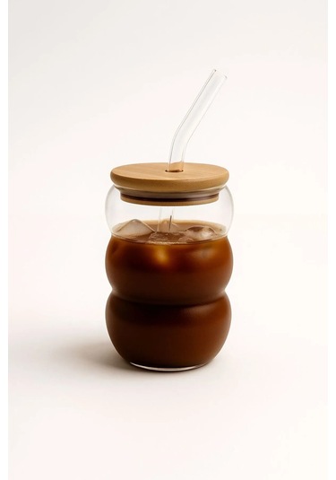 600 Ml Borosilikat Cam Bardak Bambu Kapaklı, Bubble Form, Isıya Dayanıklı Şeffaf Tasarım Cam - Şeffaf