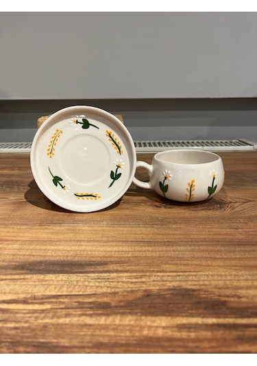 Dal Papatya Desenli Tabakl Seramik Kupa, Mug, Double Türk Kahvesi