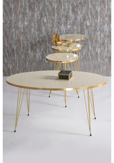 Goldfalez Elips Set  Tel Ayak Zigon ve Orta Sehpa Altın - Krem