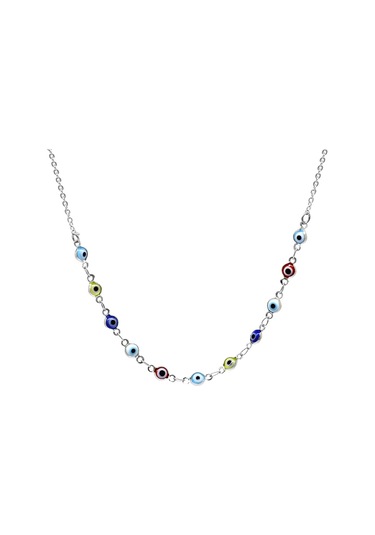 Tesbihane Silver Renk Metal Zincirli Multicolor Mineli Nazar Boncuğu Detaylı Kadın Kolye Çok Renkli