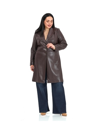 Büyük Beden Cepli Düğme Kapamalı Astarlı Suni Deri Koyu Kahverengi Kaban Koyu Kahverengi