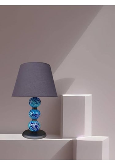 Üç Toplu Abajur Mavi Çini Siyah Şapka Mavi