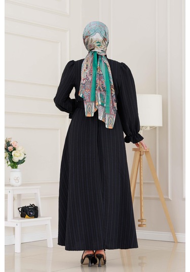 Kolu Volanlı Kemerli Henna Elbise-siyah-5060 Siyah