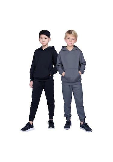 2'li Kanguru Cepli Kapüşonlu Düz Baskısız Erkek Çocuk Eşofman Takımı Siyah - Füme