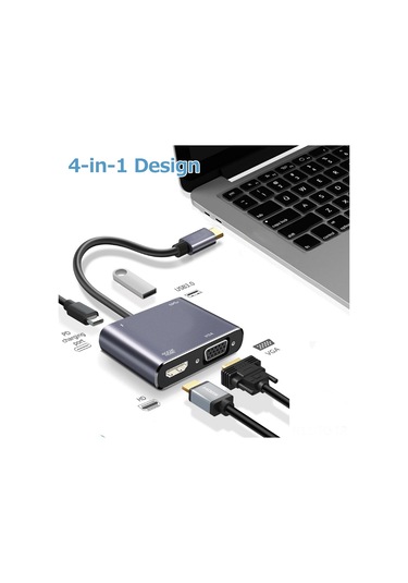 Skycity Type-c 4'lü Hub: Hdmı 4k, Vga 1080p, Usb3.0 5gbps Ve 100w Pd, Alüminyum Gövde