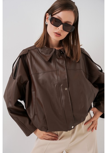 Kadın Oversize Deri Ceket 1055 - Kahverengi Kahverengi
