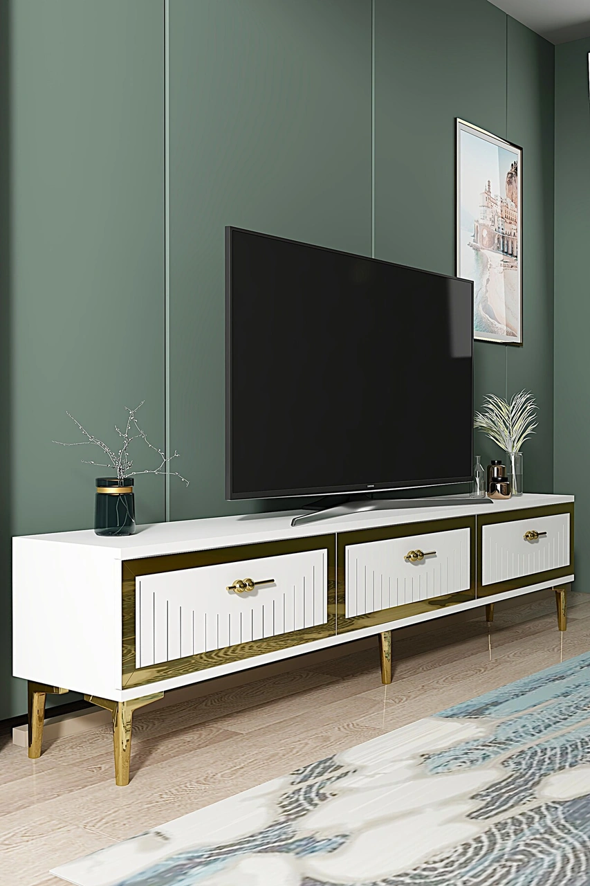 Tsa1802bg - Tuna Tv Stand, Tv Sehpası Beyaz-gold 180cm Beyaz