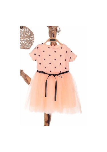 Puantiyeli Somon Doğum Günü Ve Özel Günler İçin Kız Çocuk Tüllü Elbise 2-7 Yaş Aralığı SOMON