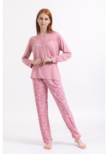 Kadın Dört Mevsim Dantel Desenli Melisa Kumaş Yüksek Kalite Yuvarlak Yaka Pijama Takımı 1361 - Pudra