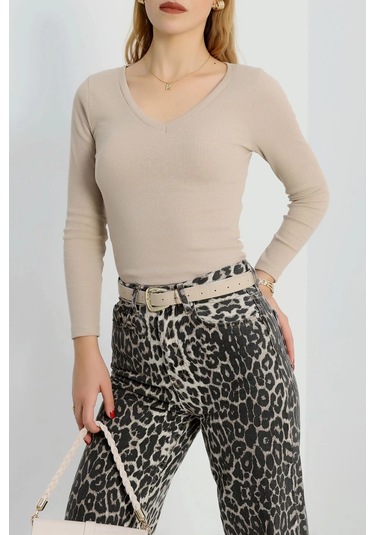 V Yaka Kaşkorse Bluz Bej A3699 Bej