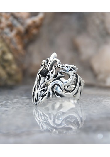 Prestij Gümüş Ejderha Figürlü 925 Ayar Gümüş Erkek Yüzüğü