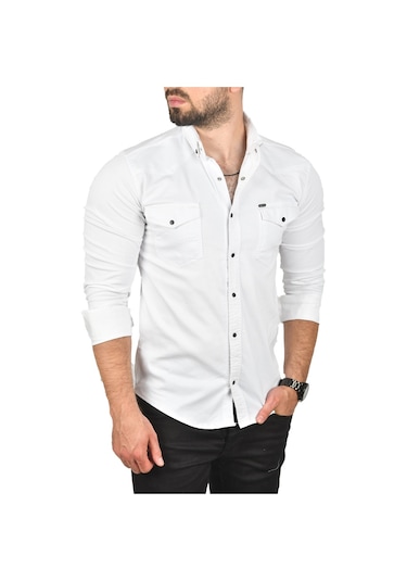 Deepsea Erkek Beyaz Slim Fit Pamuklu Cepli Kot Gömlek Çıtçıtlı Uzun Kollu Spor Gömlek 2502503 Beyaz