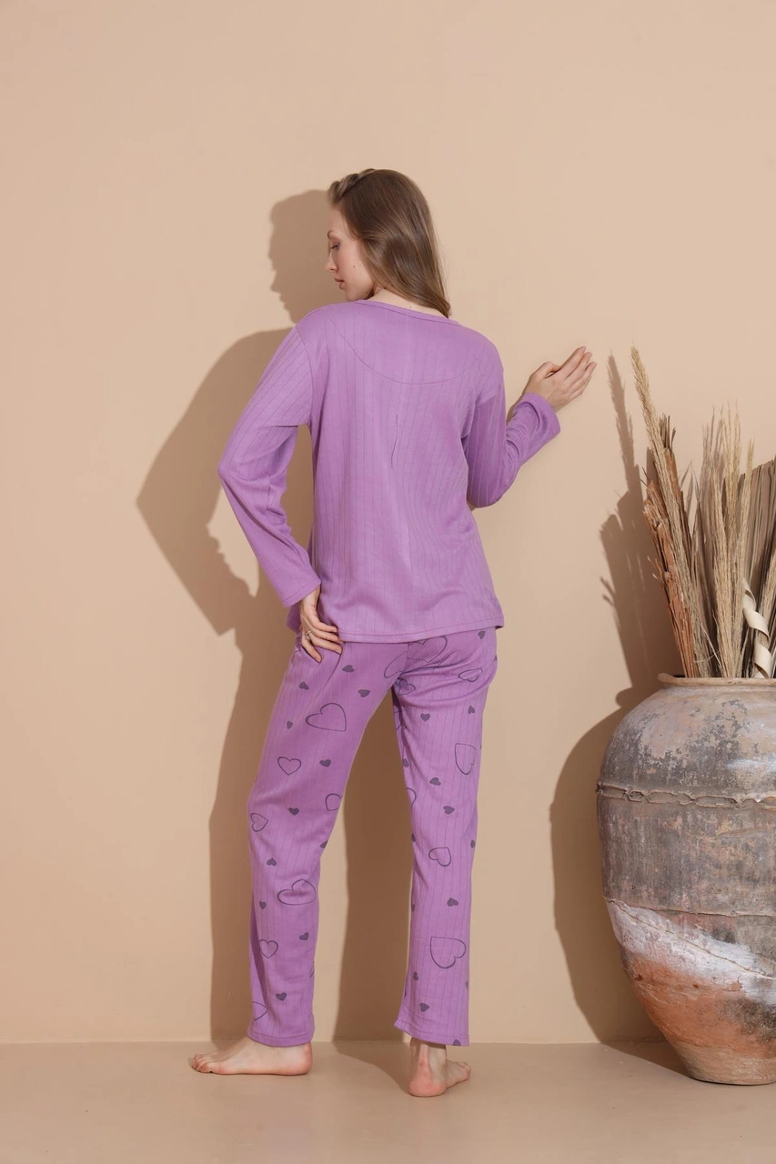 Lindros Kadın Pamuk'lu Düğme Yaka Raporlu İnterlok Kışlık Pijama Takımı 05034 - 1 Adet Mor