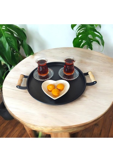 Tepsi Seti Ahşap Kulplu Siyah Metal Çay Tepsisi Kahve Tepsisi