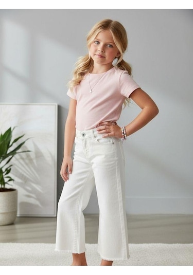 Zekids Kız Çocuk Pamuklu Paçaları Püsküllü Pantolon-16677 Beyaz