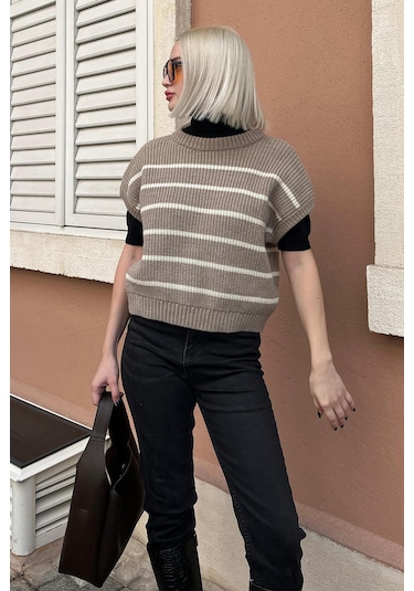 Madmext Vizon Çizgili Triko Süveter Mg2159 Vizon
