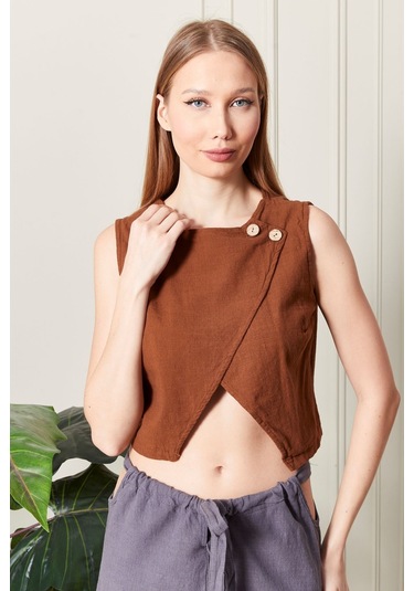 Şık Farklı Tarz Asi Keten Bluz - Modern Ve Cesur Tasarım Kiremit