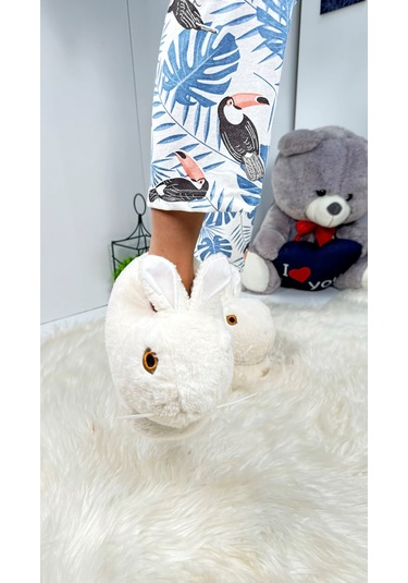 Kadın Panduf Tavşan Figürlü Peluş Ev Botu Desenli Düz Taban Rahat Hafif 359 Ekru
