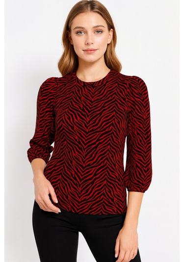Kadın Bisiklet Yaka Esnek Desenli Spor Şık Truvakar Kol Bluz Bordo