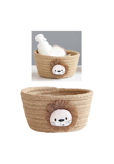 Magideal Suntek El Dokuması Pamuk İpliği Aslan Figürlü Saklama Sepeti Kahverengi - 16x9 CM