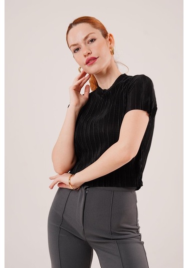 Fitilli Kısa Kollu Parlak Siyah Bluz Antrasit Melanj