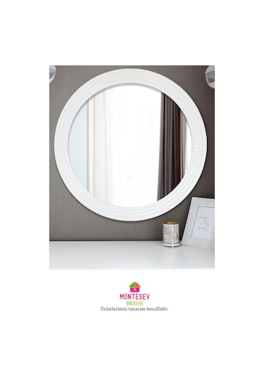 Safir Beyaz Dekoratif Ayna Yuvarlak Işlemeli Duvar Aynası 69 Cm
