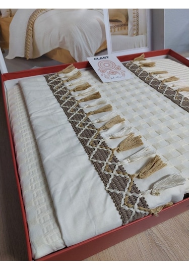 Clasy Butik Çift Kişilik Pike Takımı Bohemline Ekru