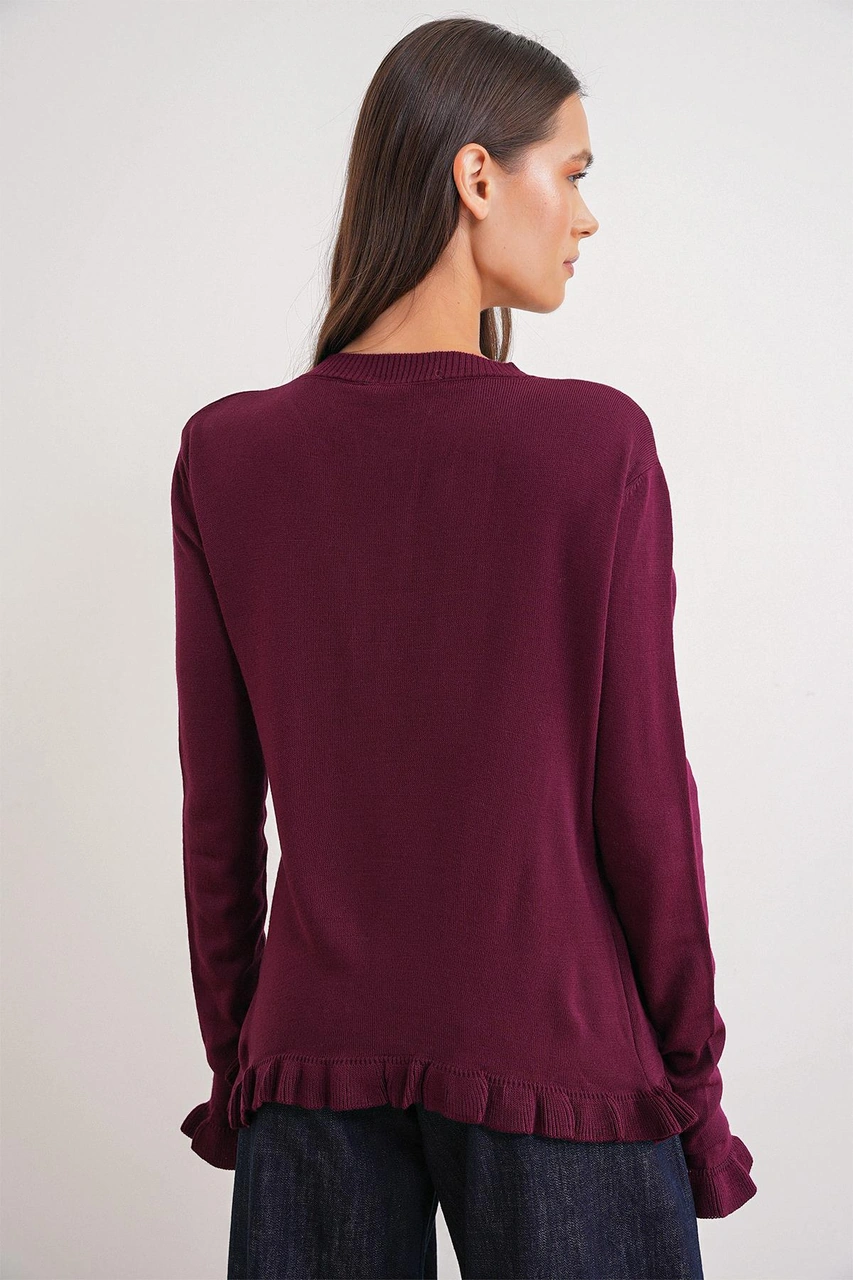 6964 Kadın Düz Fırfırlı Düğmeli Hırka Bordo Bordo