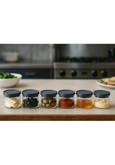 6'lı Borosilikat Cizgili Cam Kahvaltılık Seti - Sızdırmaz Silikonlu Plastik Kapak - 90 X 70 Mm-400 Ml Beyaz