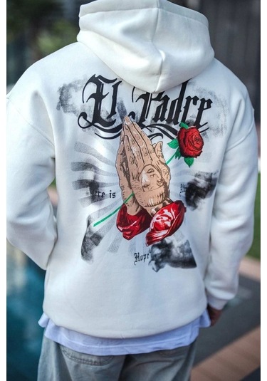 Üç İplik Penye Kapşonlu Baskılı Sweatshirt - Beyaz Beyaz